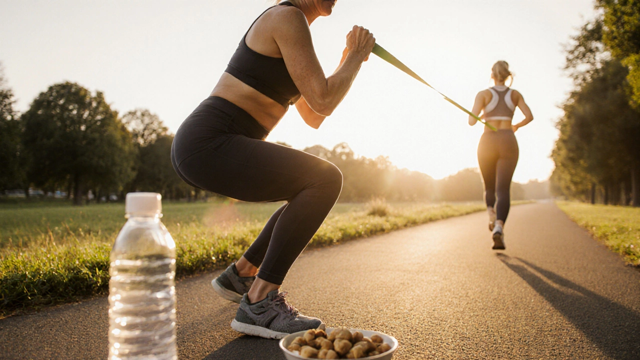 Active woman doing resistance‑band squats outdoors at sunrise, with water bottle and walking path.