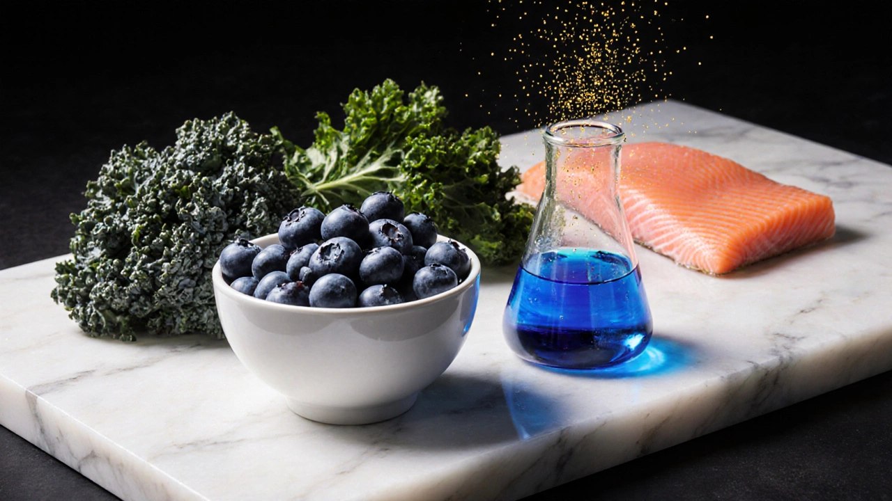 Blueberries, kale, and salmon arranged on a marble surface with a glowing scientific aura.
