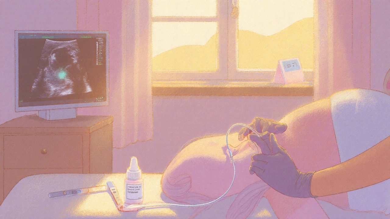 Clinician guiding embryo transfer while woman rests, hopeful atmosphere.