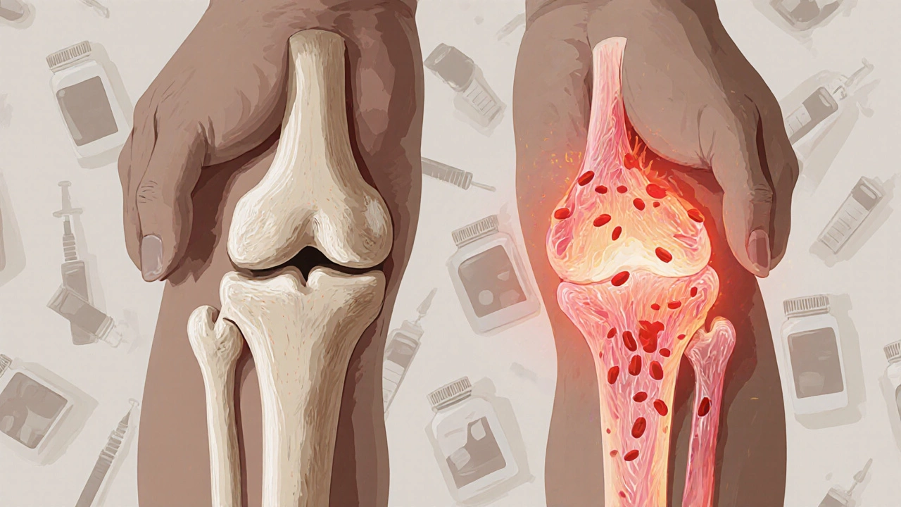 Contrasting illustrations of osteoarthritis and rheumatoid arthritis in joints.