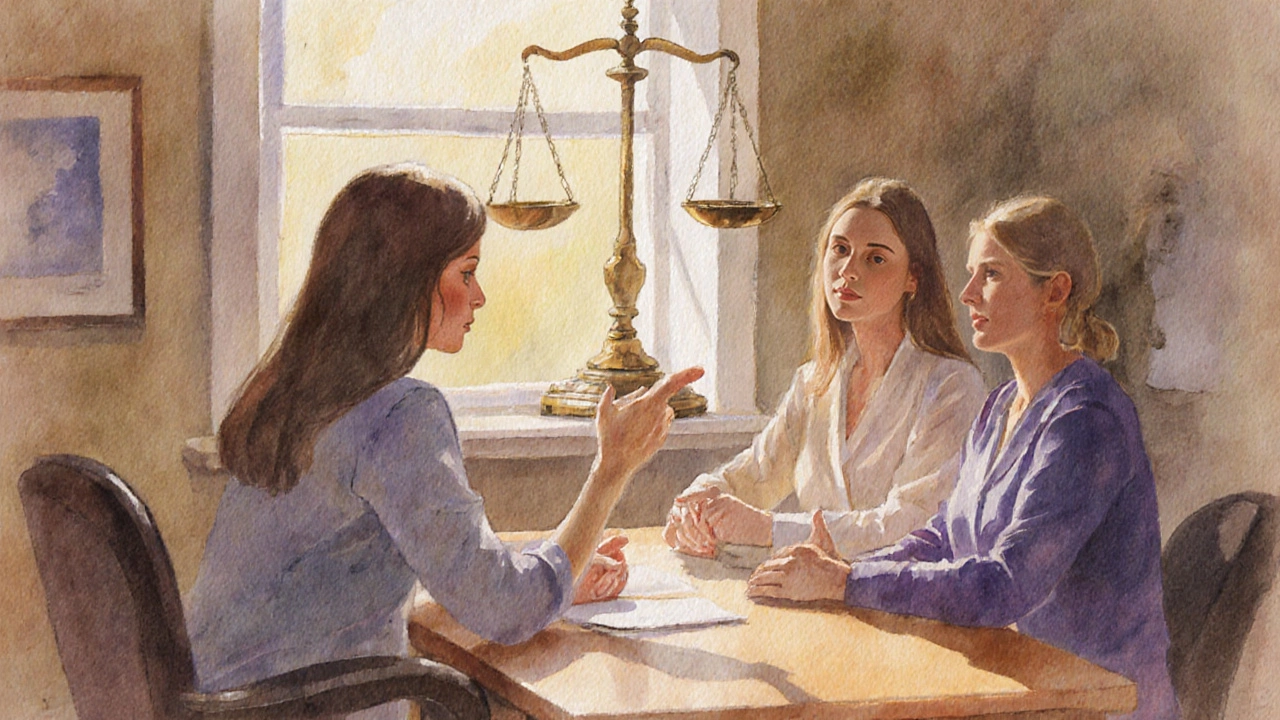 Couple consulting a counselor about gender selection, with subtle justice scales.