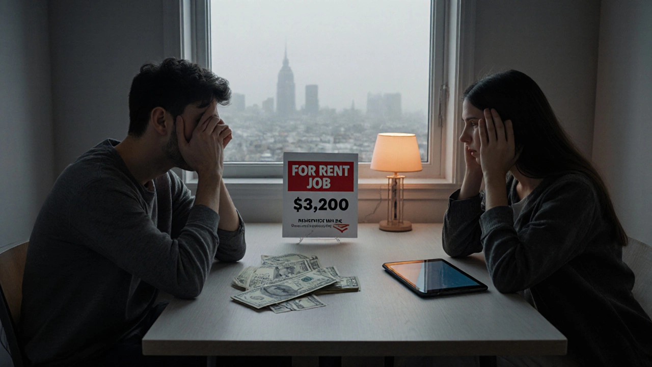 Couple in a San Francisco apartment surrounded by bills and a high rent sign, looking stressed.