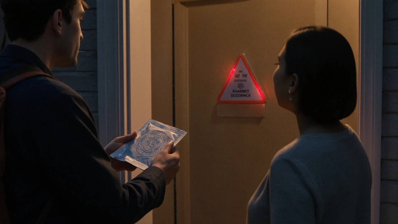 Delivery of a sealed medication package to a patient at the front door at dusk.