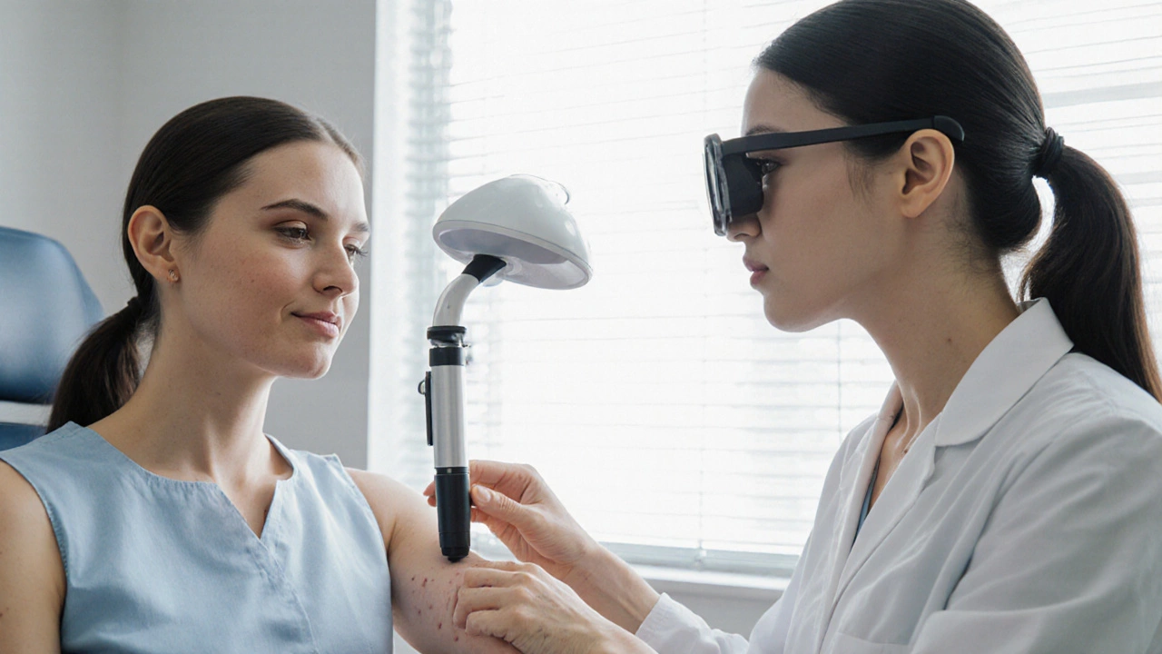 Dermatologist examining a mole on a patient's arm with a dermoscope.
