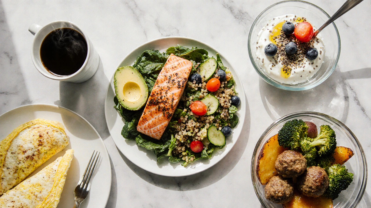 Flat‑lay of Kelly Clarkson’s balanced meals for a day, including omelet, salmon, yogurt, and turkey meatballs.
