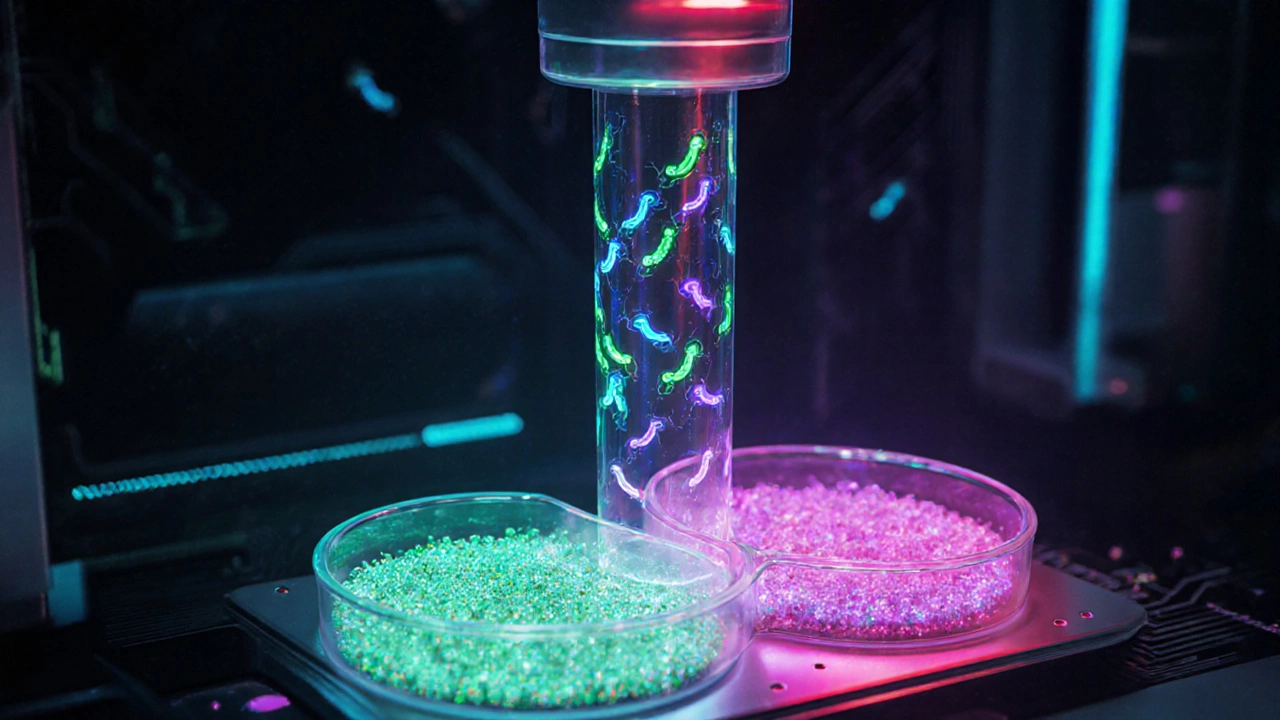 Flow cytometer separating glowing X and Y sperm cells in a high‑tech lab.