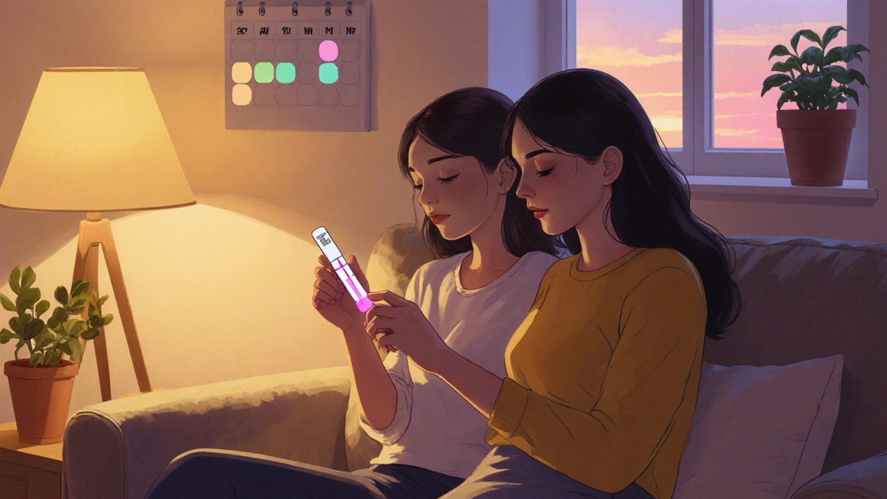 Happy couple holding a positive pregnancy test, bathed in warm light at home.
