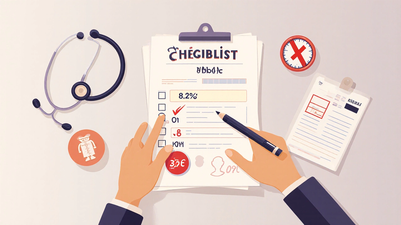 Illustrated medical checklist with HbA1c, BMI, and doctor silhouette reviewing papers.