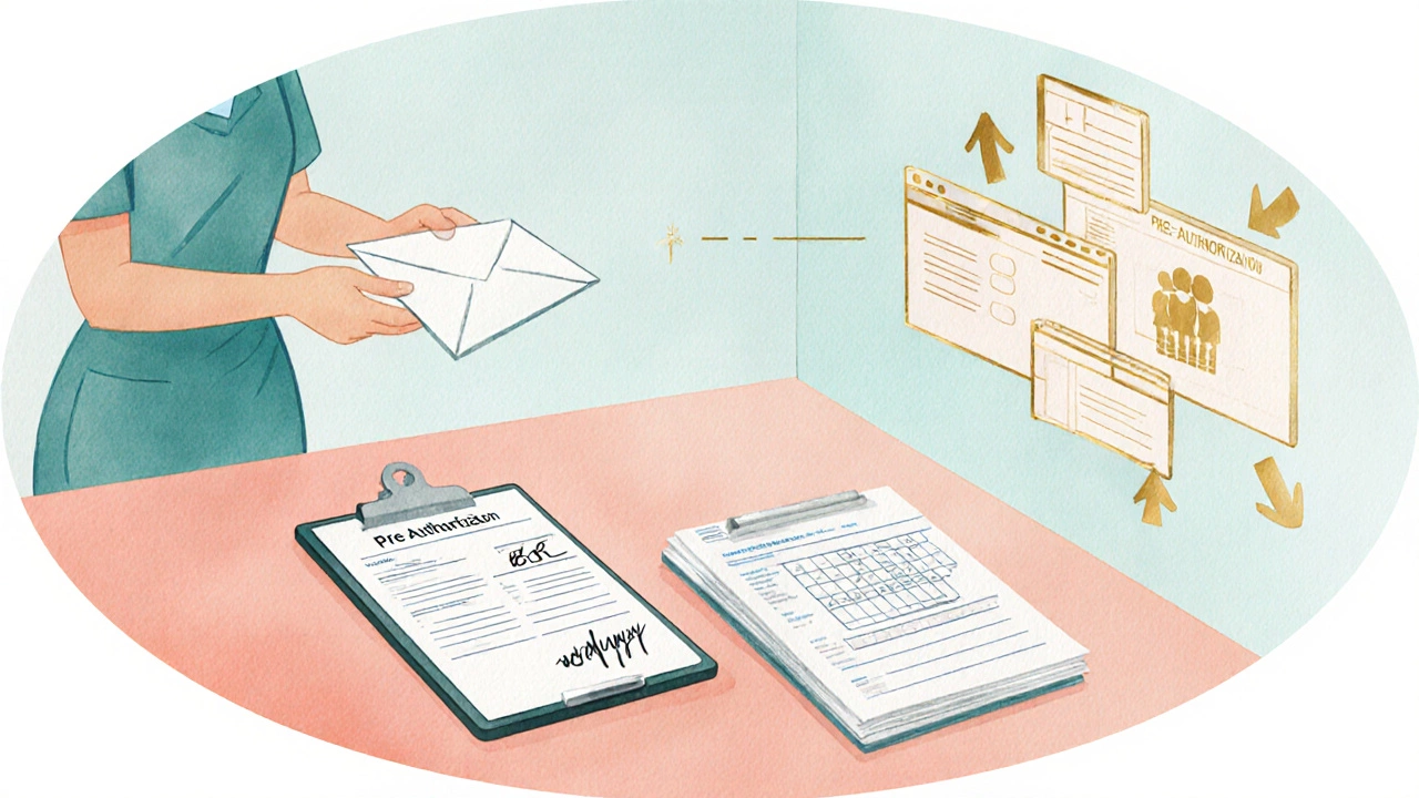 Illustrated workflow shows forms and envelope for Wegovy pre‑authorization.