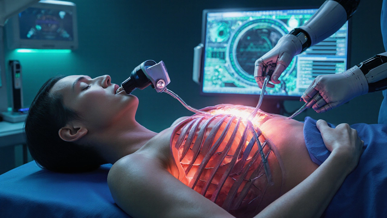 Illustration of minimally invasive heart surgery with small incision, camera, and robotic arms.