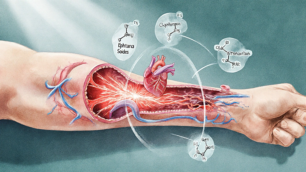 Illustration of narrowed artery, heart, adrenal gland with herb molecules nearby.