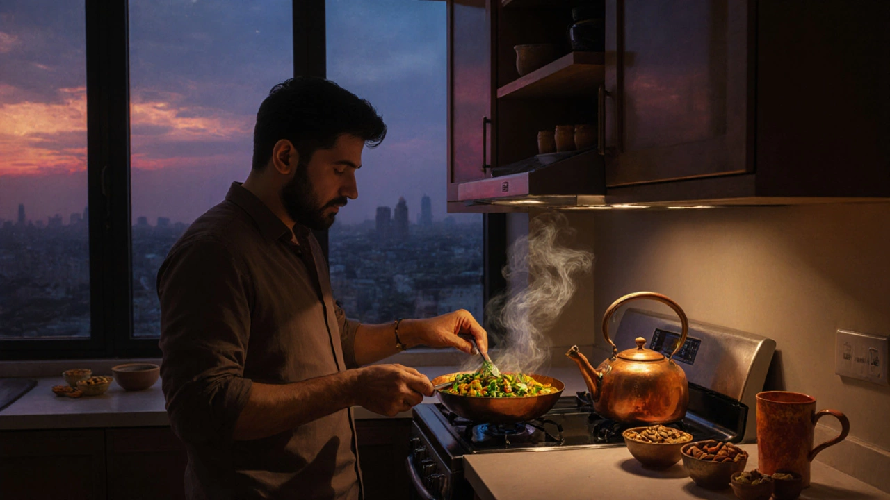 Kapha man preparing mung dal soup and ginger tea at 6:30 pm in a warm kitchen.