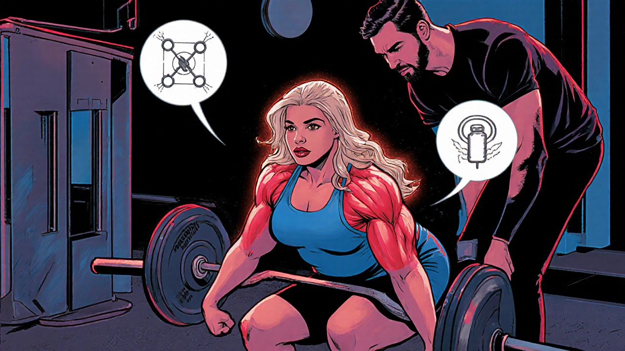Kelly Clarkson does squats in a gym with a trainer, highlighted by glowing fitness icons.