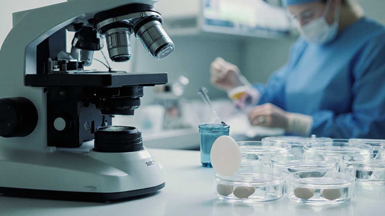 Lab bench with microscope, petri dishes, and ICSI needle preparing fertilization.