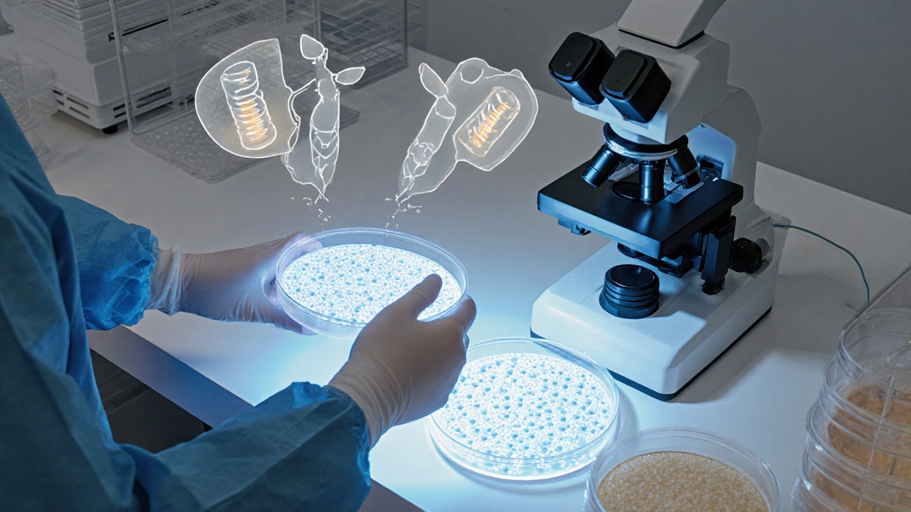 Laboratory view of fertilized embryos under a microscope with incubators and equipment.