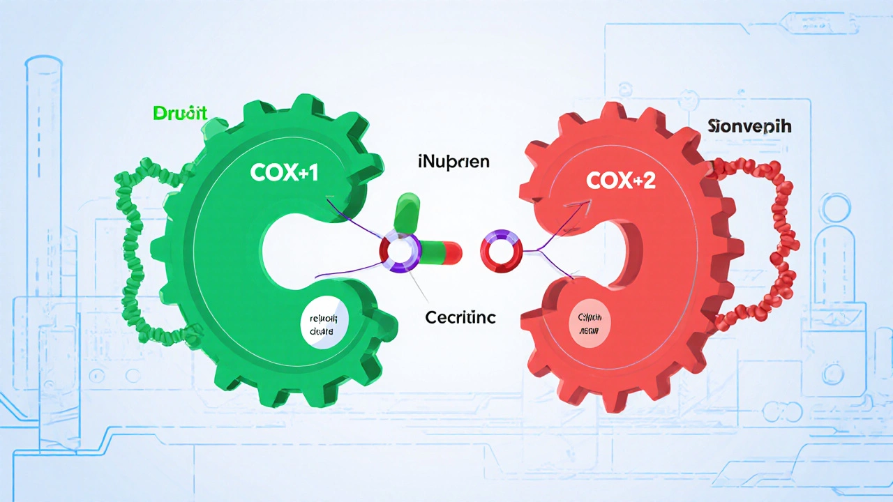 Medical illustration of COX‑1 and COX‑2 enzymes being inhibited by four different drug molecules.