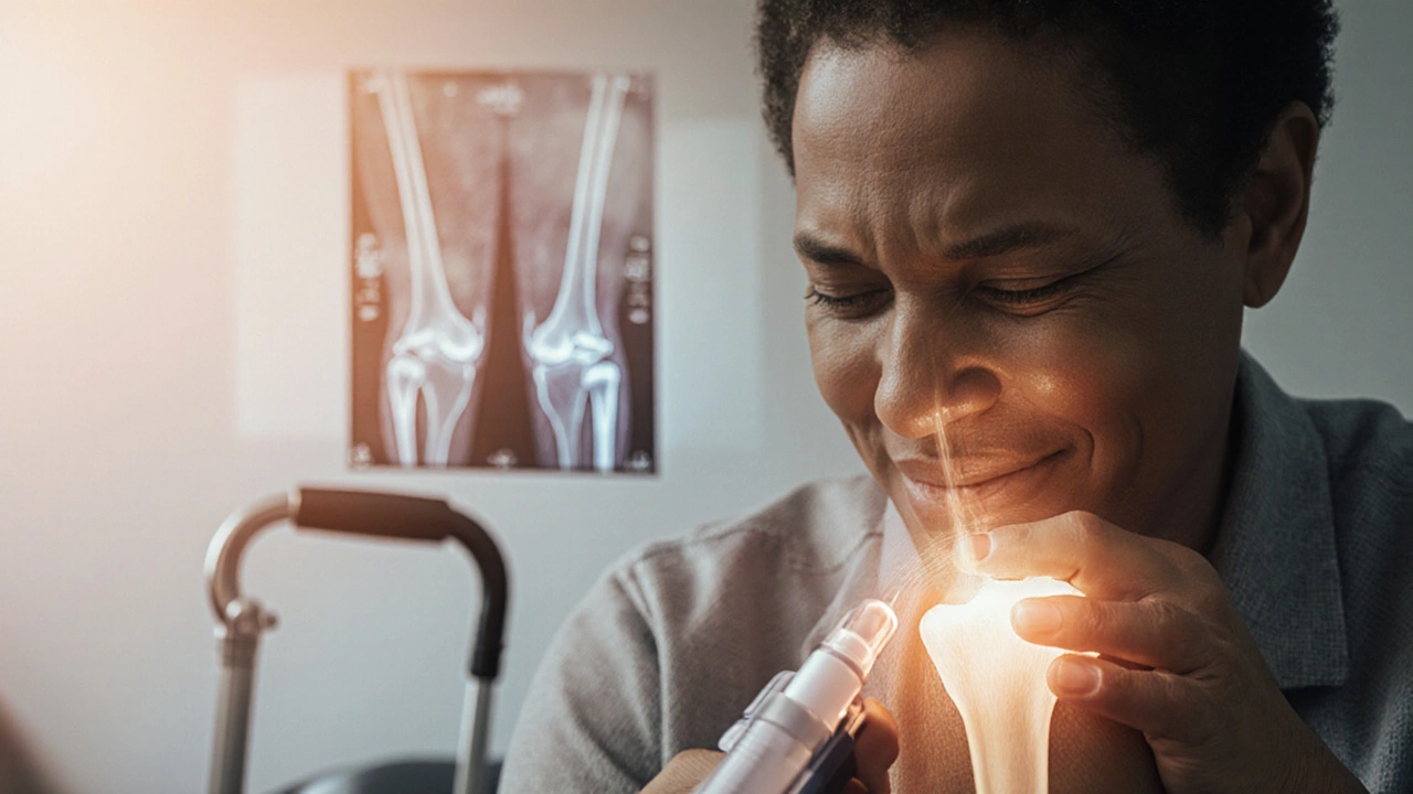 Patient receiving joint injection with translucent before-and-after scans in background.
