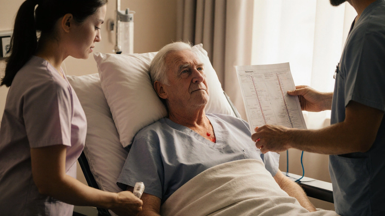 Patient recovering after heart surgery with visible sternum scar, cared for by nurse and surgeon.