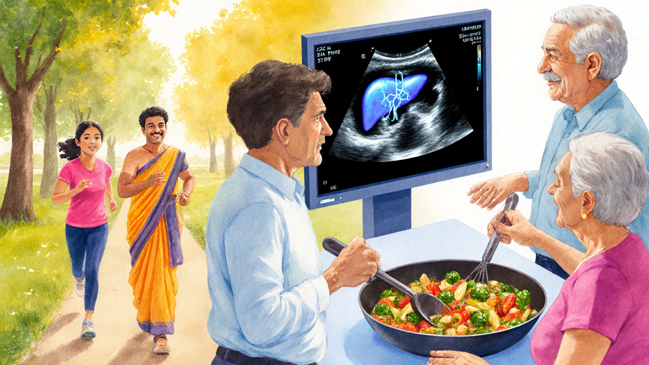 People exercising and a doctor performing an ultrasound, symbolizing early detection and healthy habits.