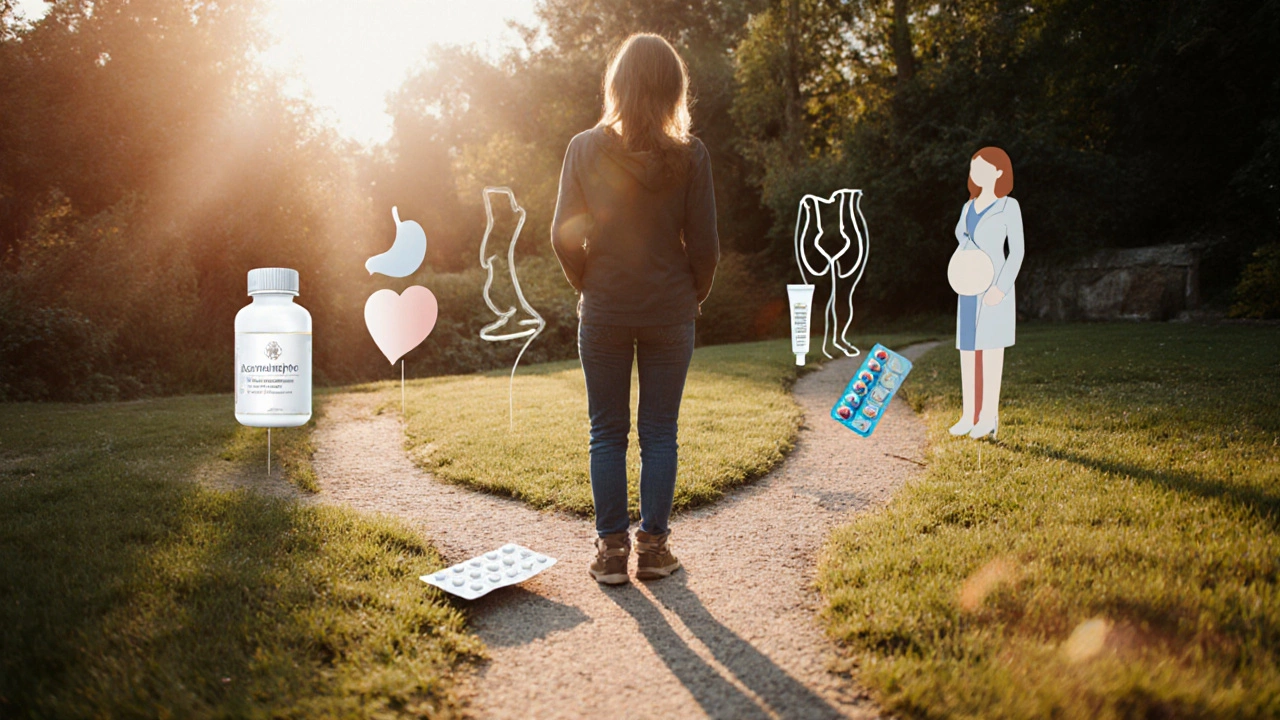 Person at a crossroads with icons for stomach, heart, joint, and pregnancy, and corresponding medication items.