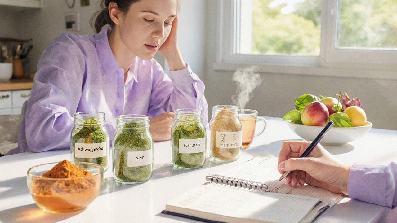Person at kitchen table with herb jars, journal, and tea, choosing a healing herb.