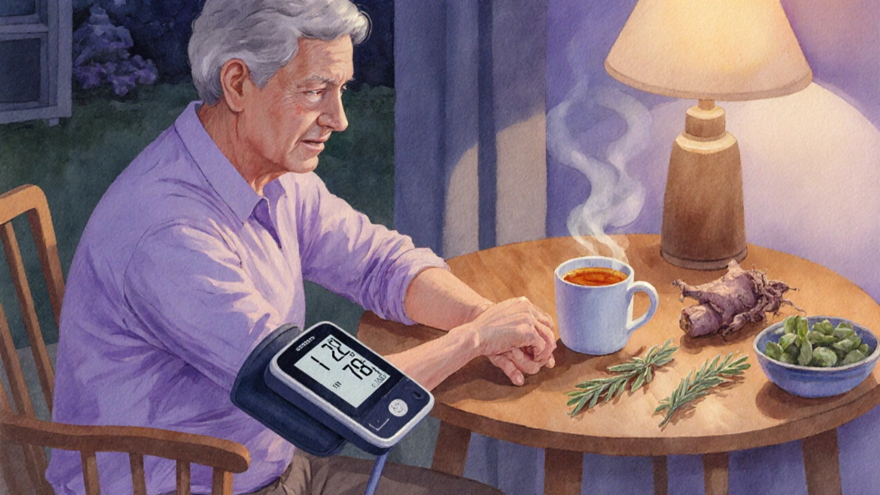 Person checking blood pressure at home beside hibiscus tea and calming herbs.