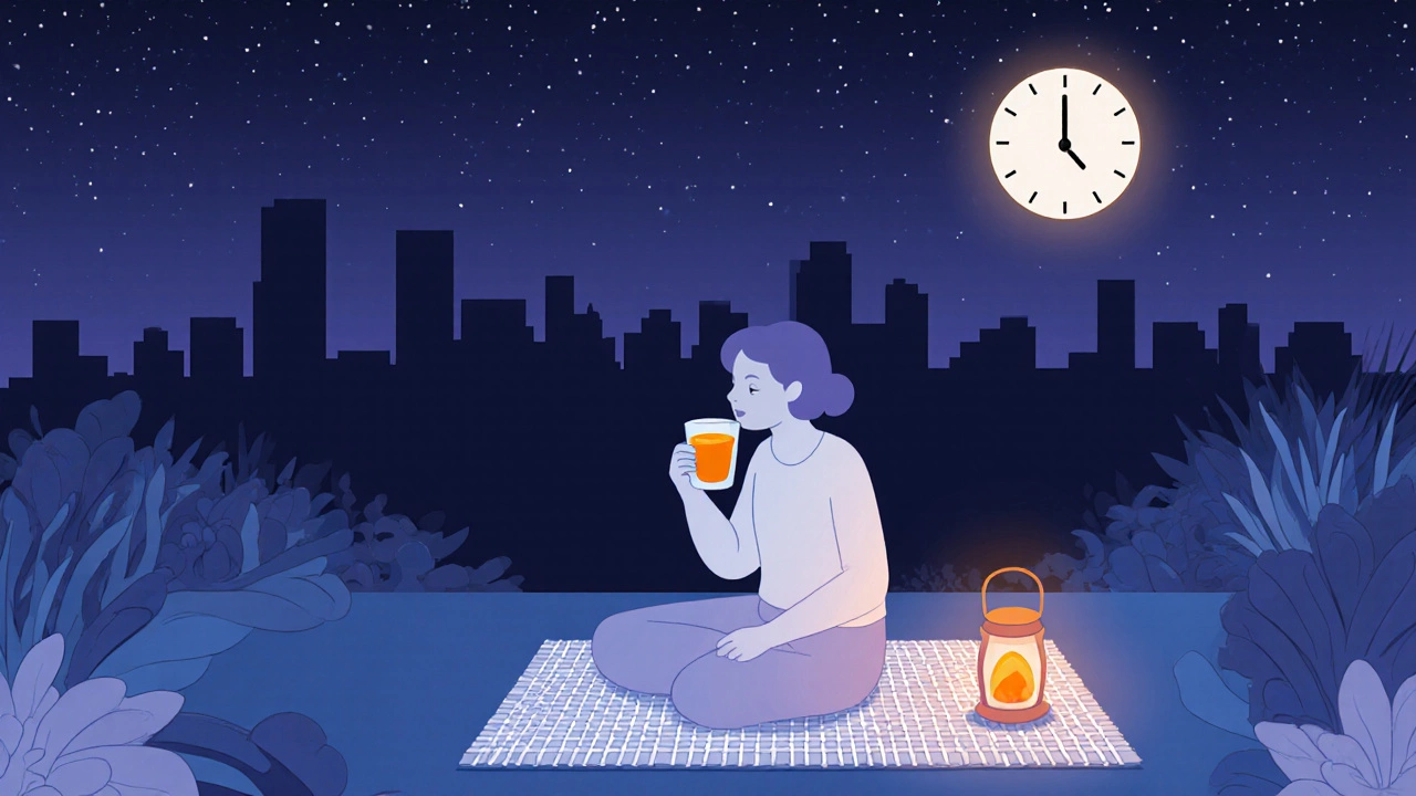 Person sipping turmeric milk in a night garden under a lantern, clock showing 8 pm.