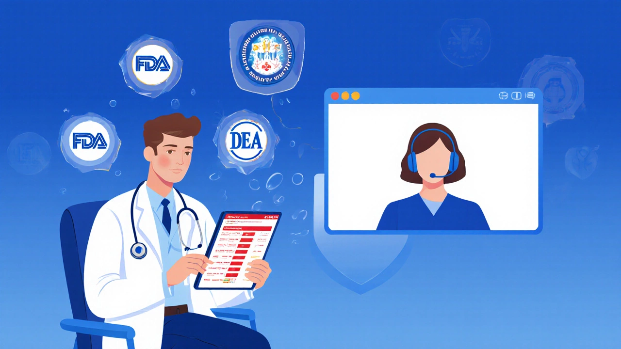 Pharmacist and telehealth provider reviewing a tablet, surrounded by FDA, DEA, and state icons.