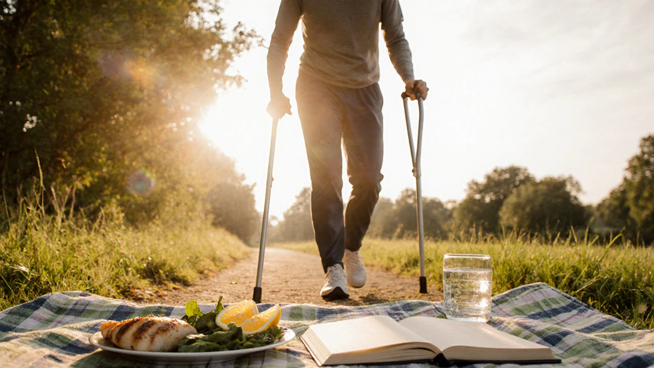 Recovered patient walking in a park with a cane, healthy food and a progress journal.