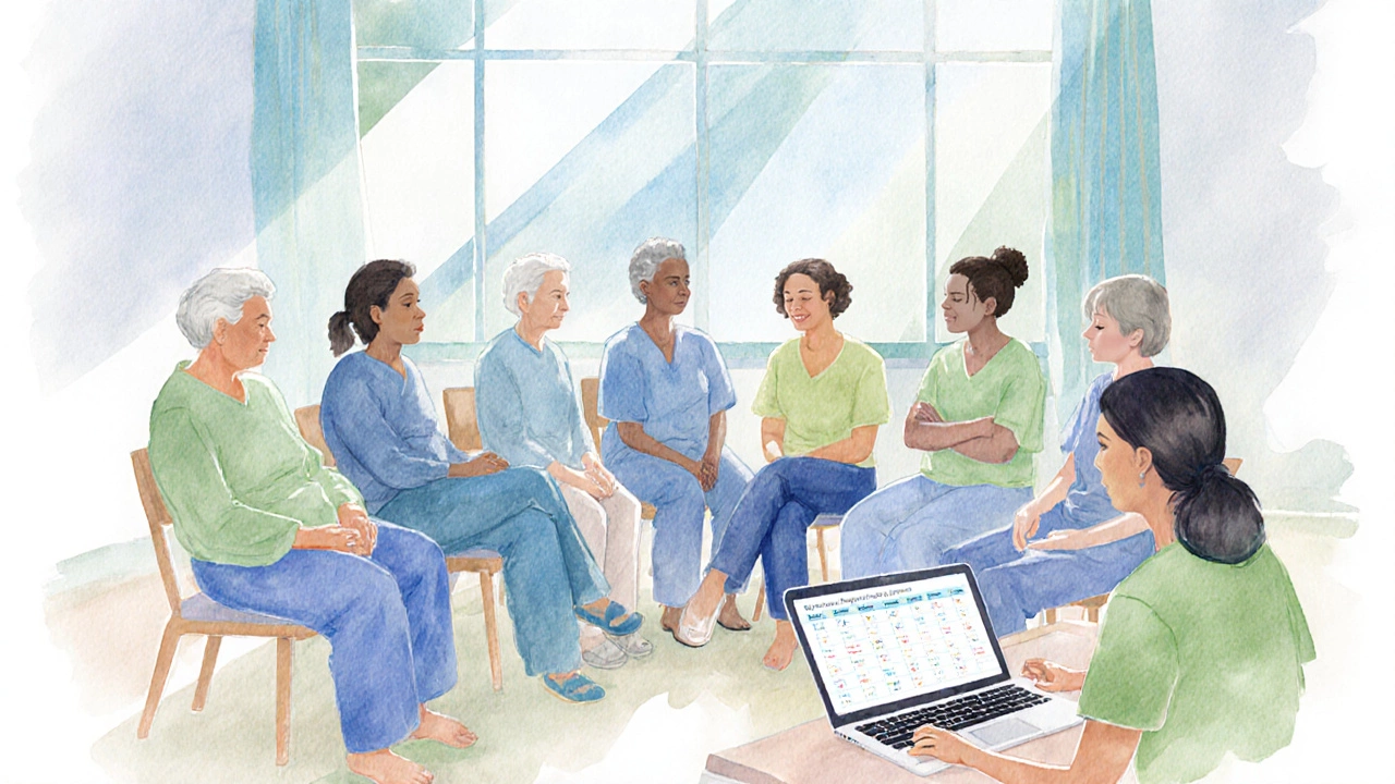 Support group meeting with patients, counselor, and a symptom‑tracking app on a laptop.