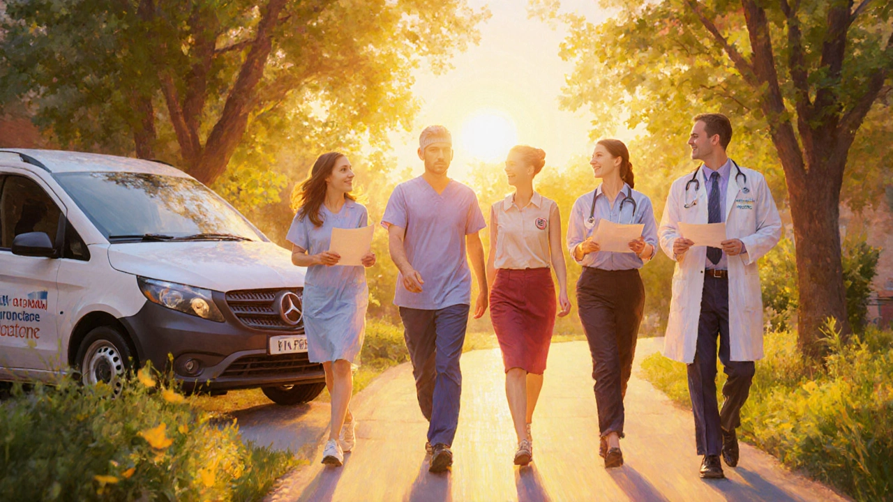 Survivor walking forward with a team of driver, financial advisor, dietitian, and doctor in a sunrise garden.
