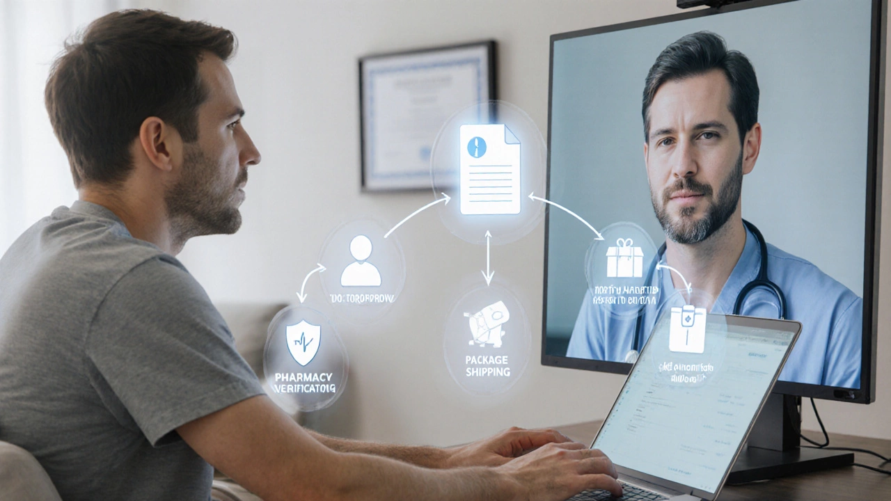 Telehealth video call with patient and doctor, overlaid with approval and shipping icons.
