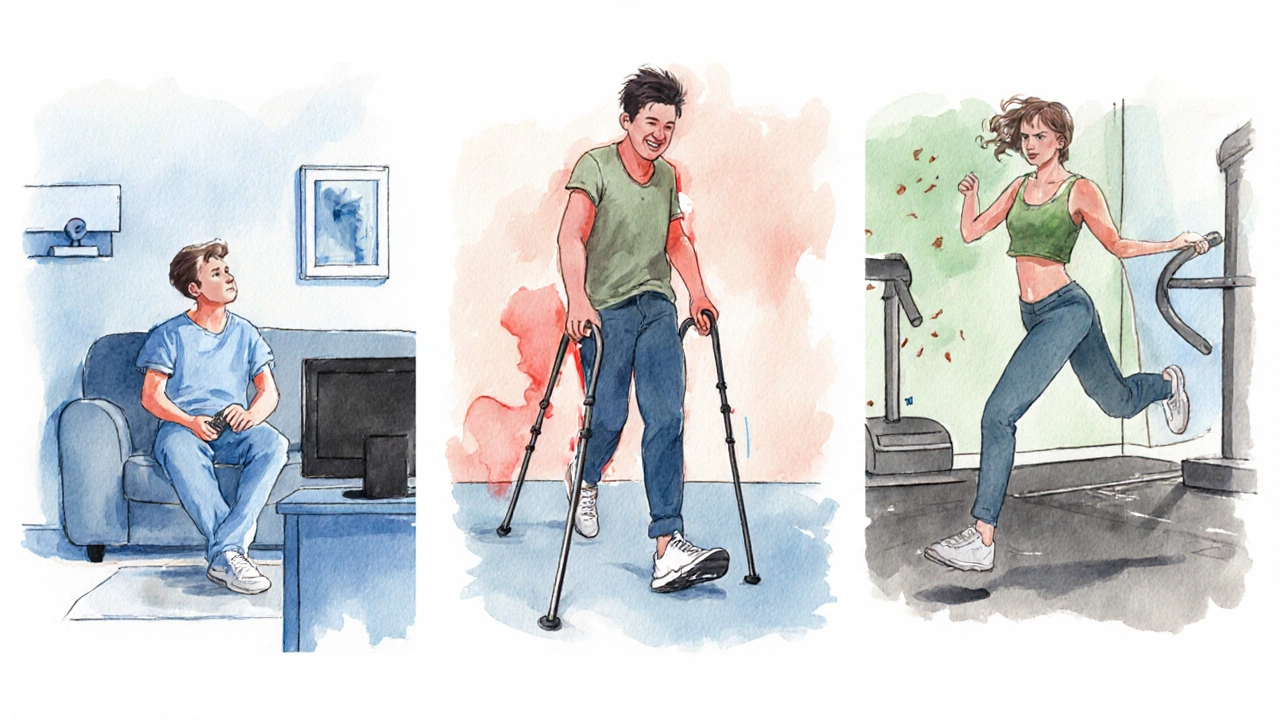 Three illustrated scenes showing skipping therapy, early weight‑bearing, and intense exercise.