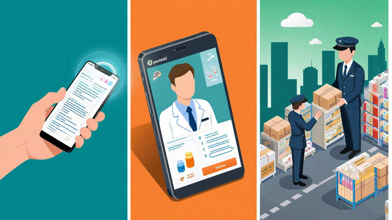 Three-step illustration of ID verification, video doctor consult, and pharmacy delivery.