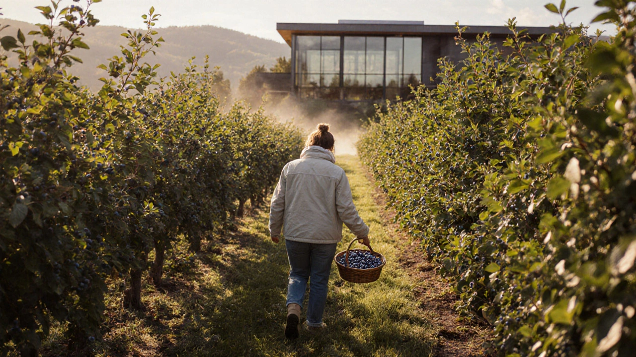 Traveler picking blueberries in a sunny orchard near a wellness retreat.