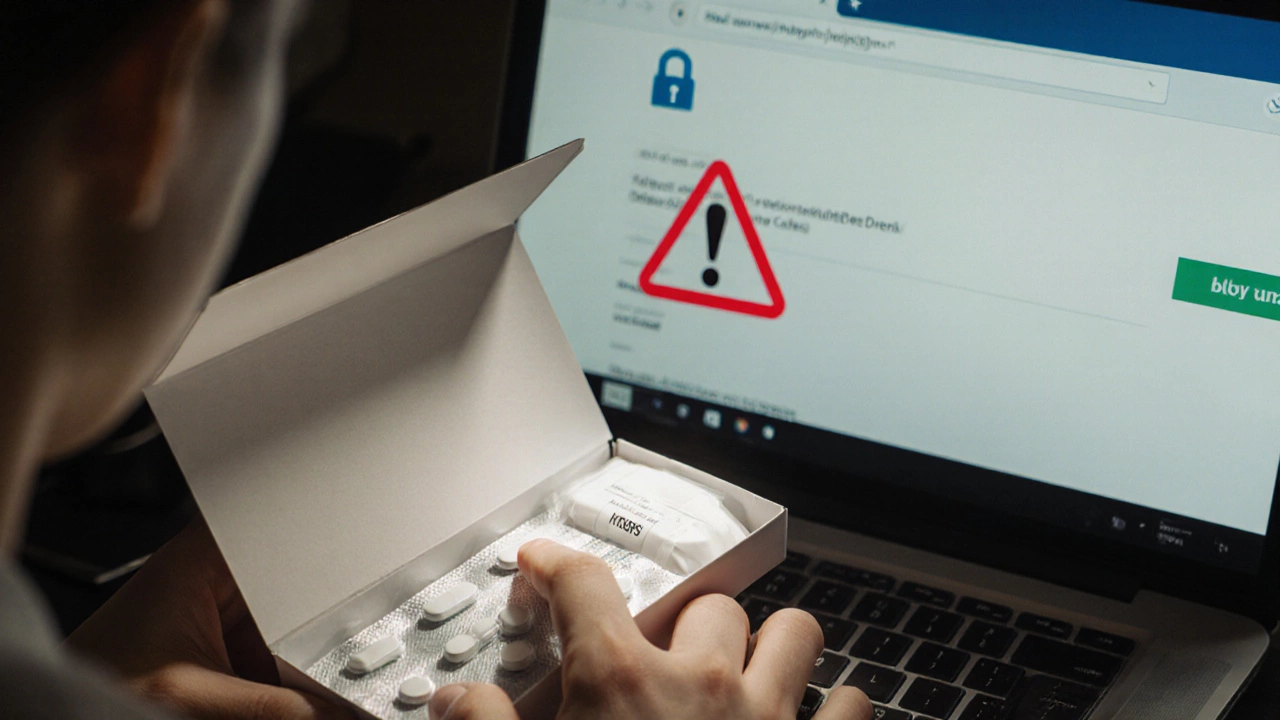 User inspecting medication packaging and checking website security for safety.