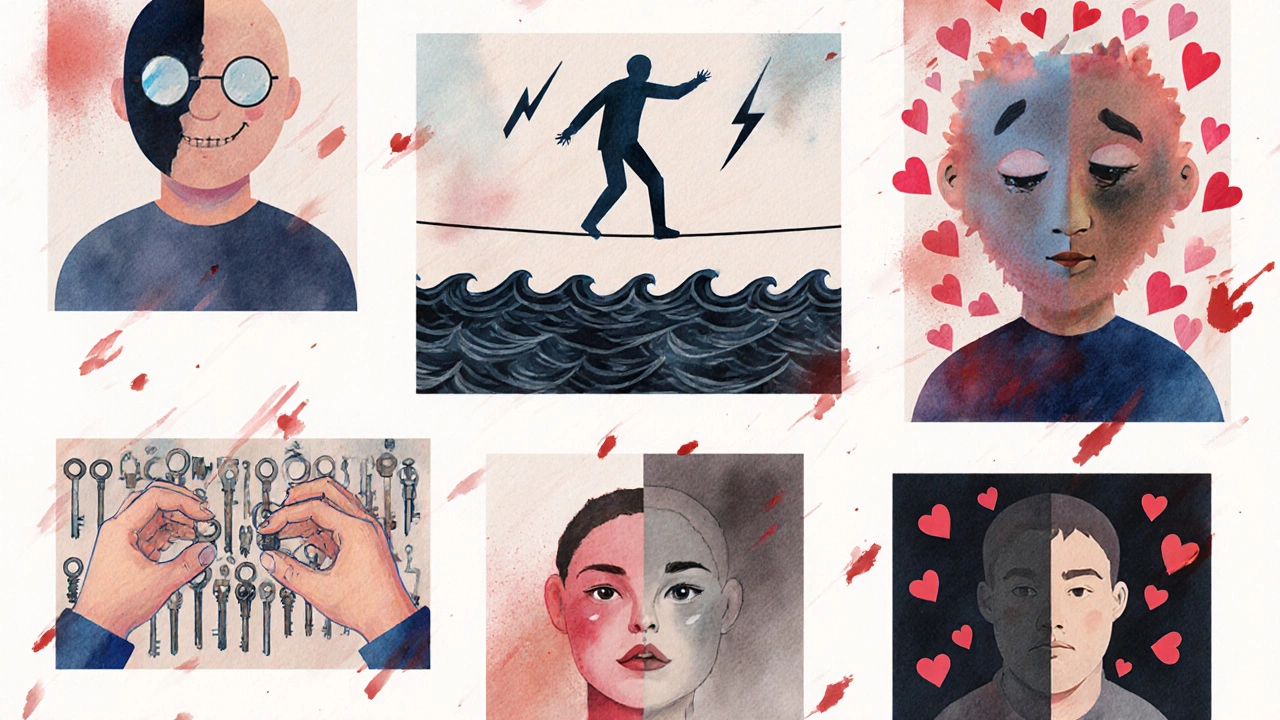 Watercolor collage of seven vignettes symbolizing major severe mental illnesses.
