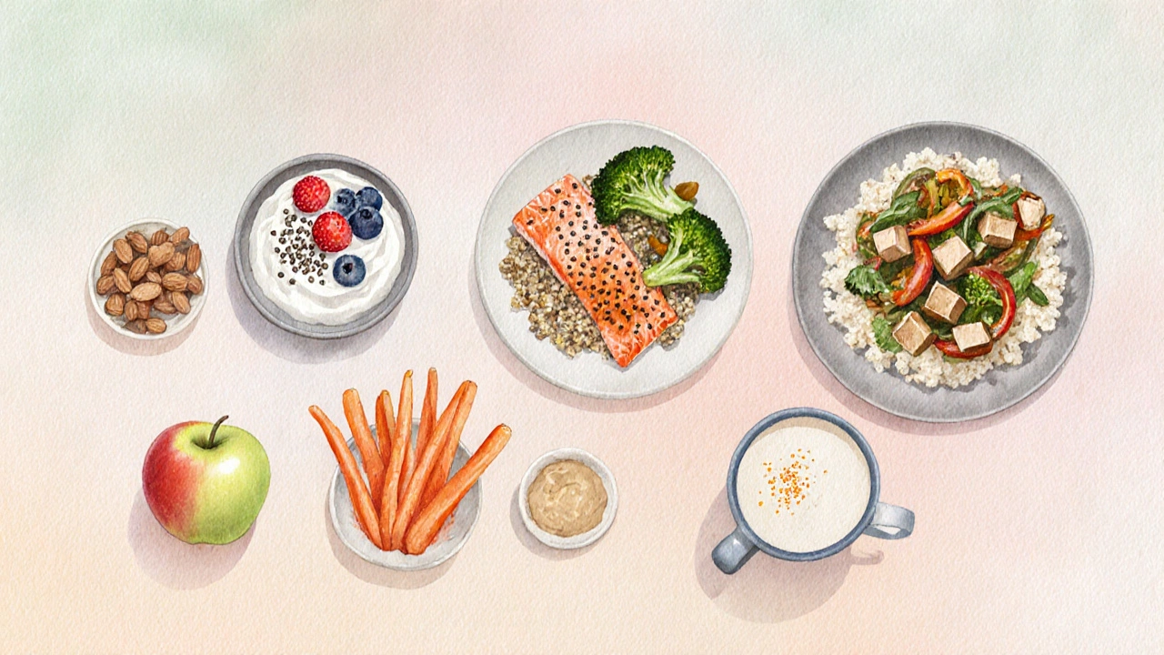 Watercolor layout of a day&#039;s meals: yogurt with berries, apple and almonds, salmon with quinoa, carrot sticks, tofu stir‑fry, turmeric milk.