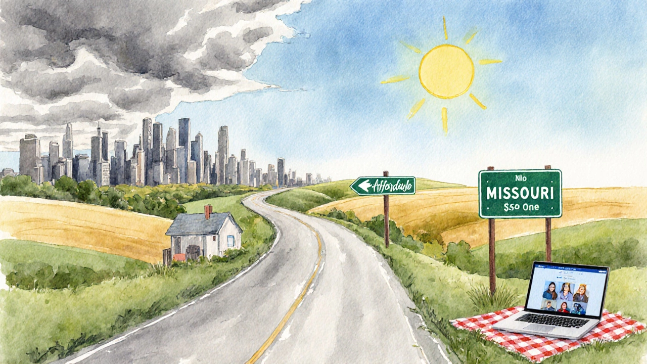 Watercolor road leading from a city to a sunny Missouri landscape, symbolizing relocation.