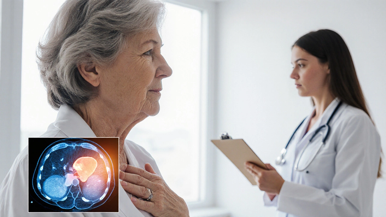 Woman holding her abdomen with a subtle highlighted pancreas indicating early cancer.