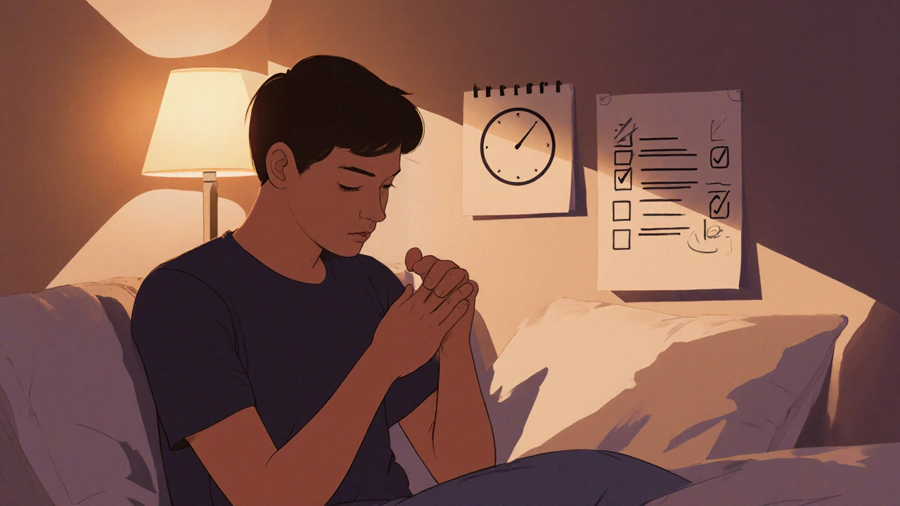 Young man performing a testicular self-exam in a bedroom.