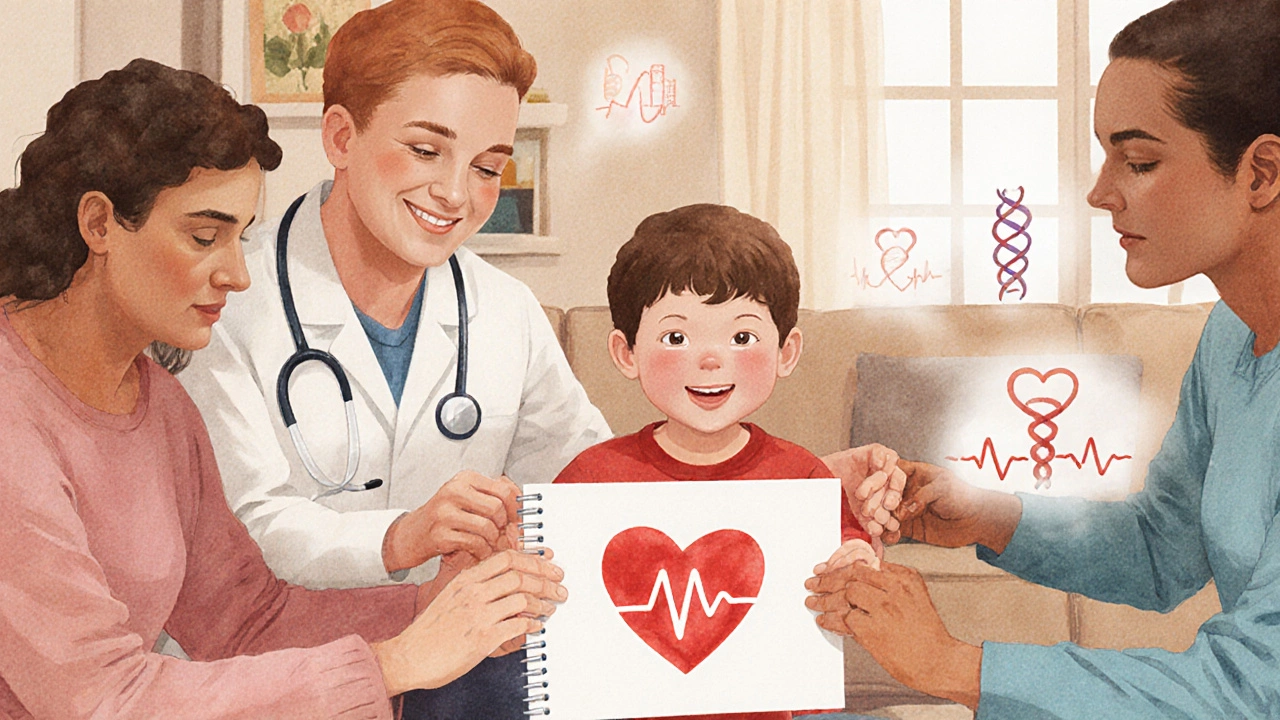 A family of three holding hands with a smiling 5-year-old child drawing a heart,温馨 home setting.