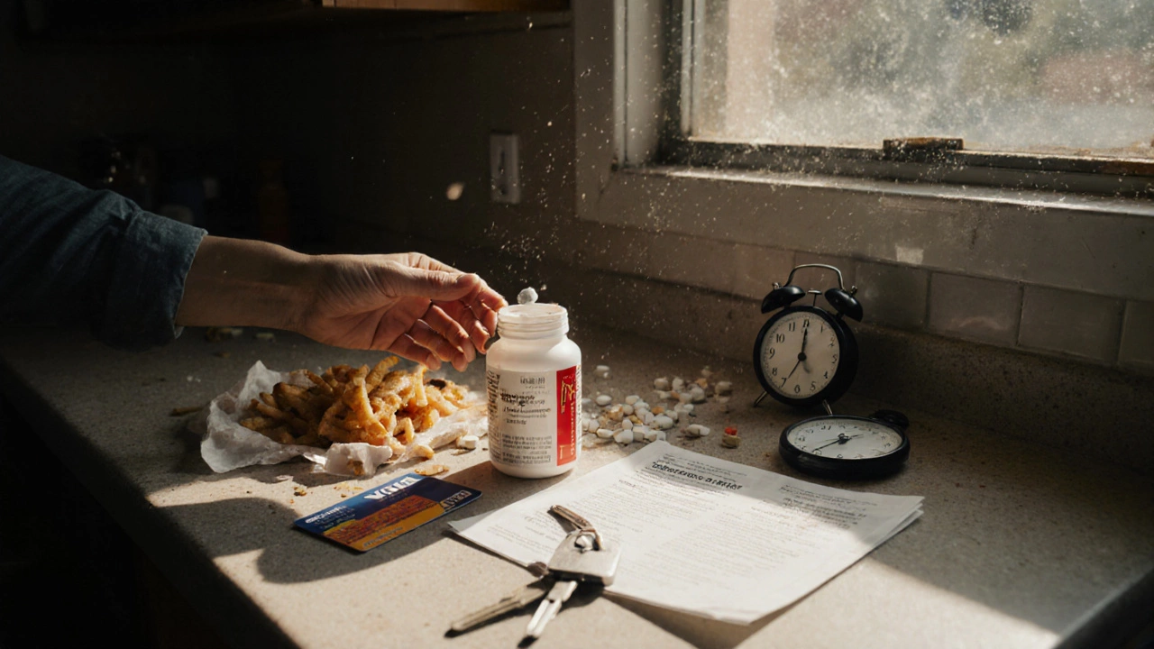 A kitchen counter with pills, fast food, and financial stressors under morning light, symbolizing self-medication and neglect.