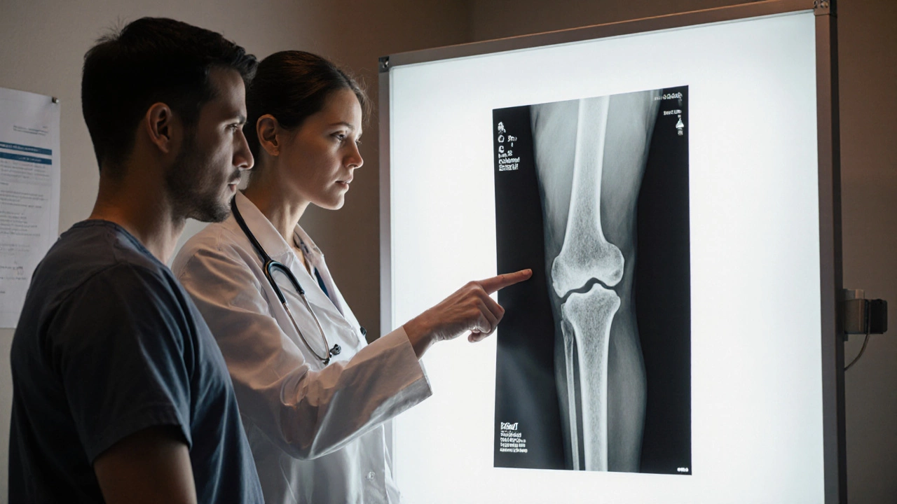 Doctor and patient reviewing an X-ray of a knee showing signs of osteoarthritis.