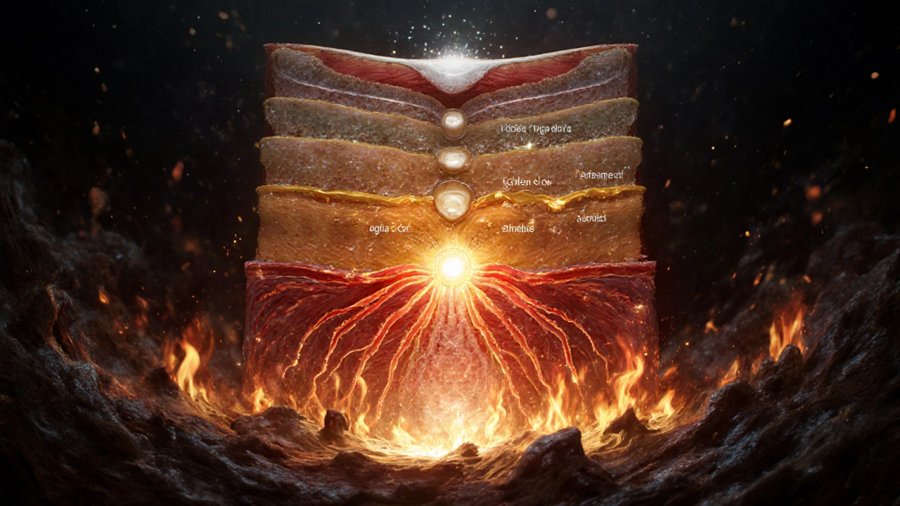 Human body showing seven tissues glowing with agni fire and ama blockages