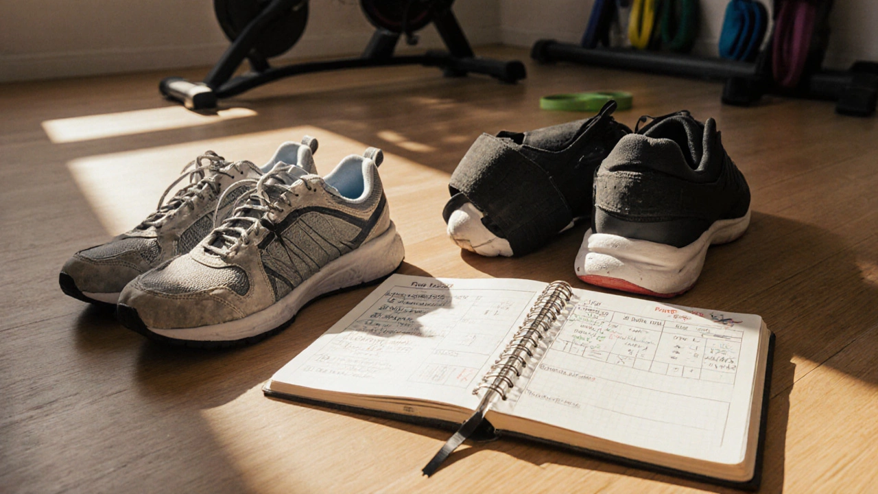 Orthopedic shoes, knee brace, and journal with pain tracking on a wooden floor.