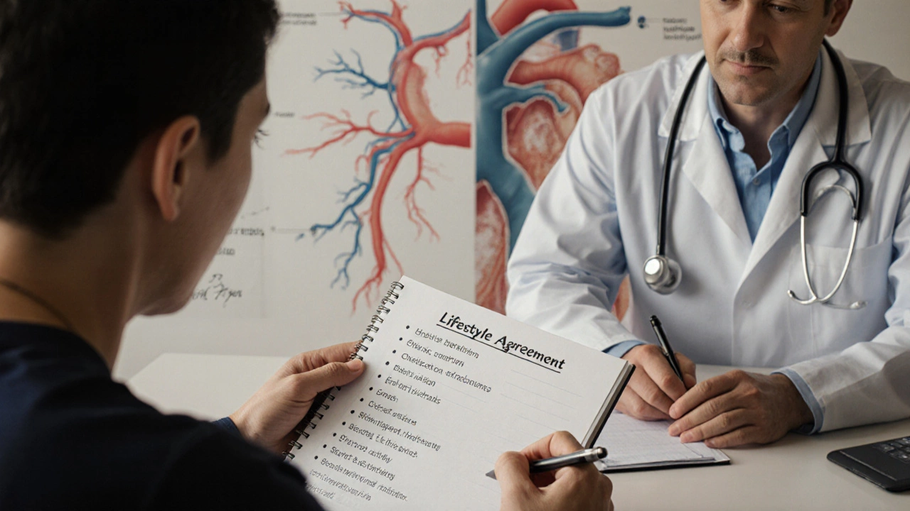Patient signing lifestyle agreement with cardiologist, healthy vs clogged arteries visualized behind.