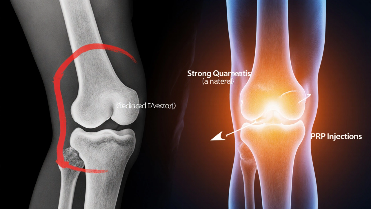 Side-by-side visual of bone-on-bone X-ray versus strong muscles supporting the knee.
