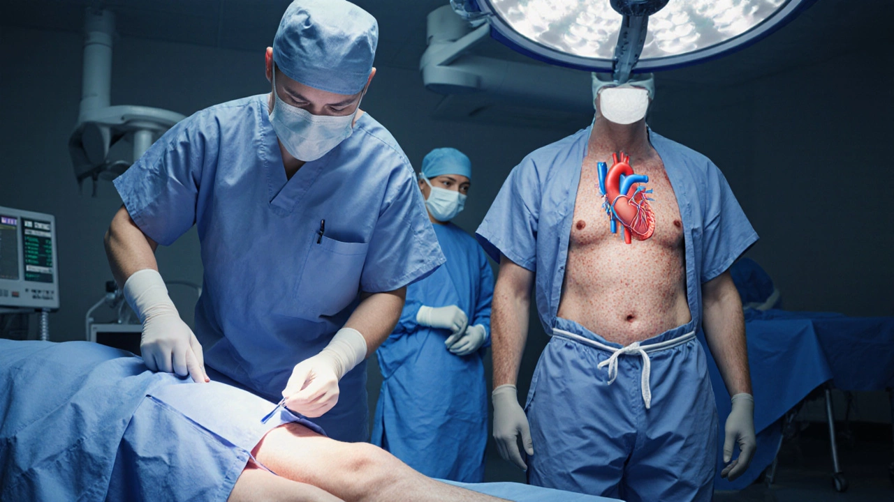 Surgeon performing TAVR procedure with catheter through leg, minimal incision.