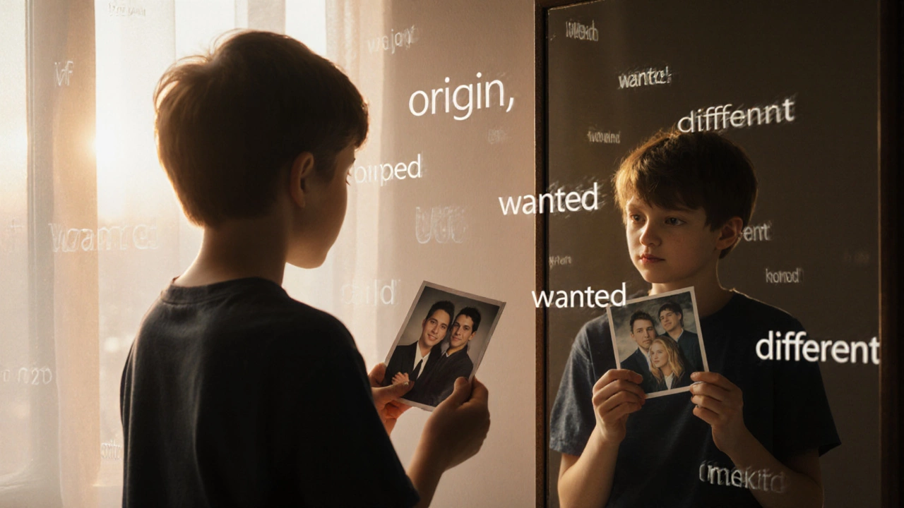 Teenager looking at their reflection in a mirror while holding a photo, sunset light streaming through window.